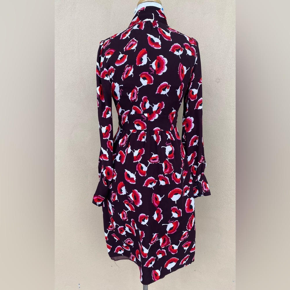 Milly Eggplant Poppy Floral 100% Silk Midi Dress Tie Bow 3/4 Sleeve Sz 4 EUC - Picture 4 of 6
